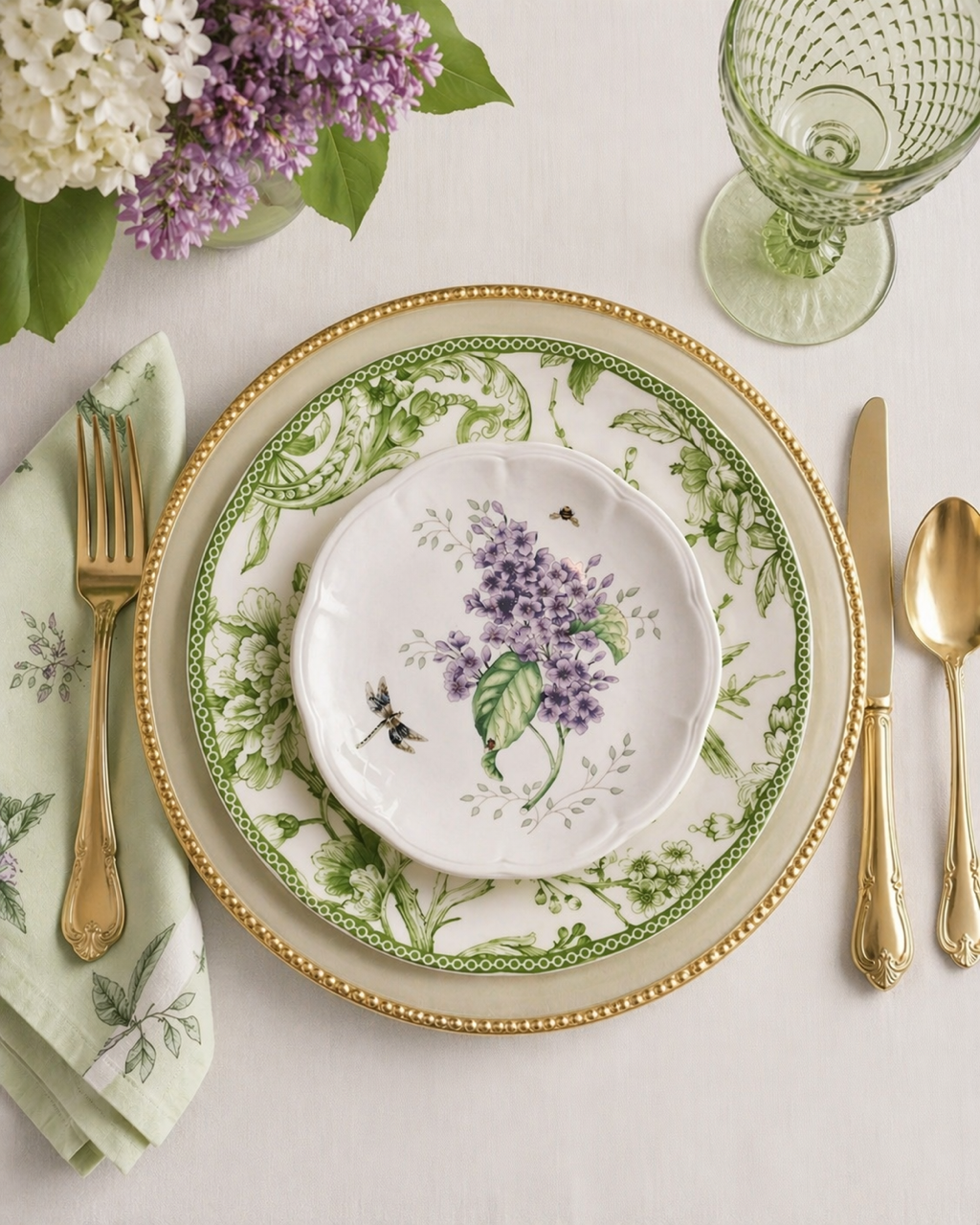 Luxury table setting with green, purple, and gold details