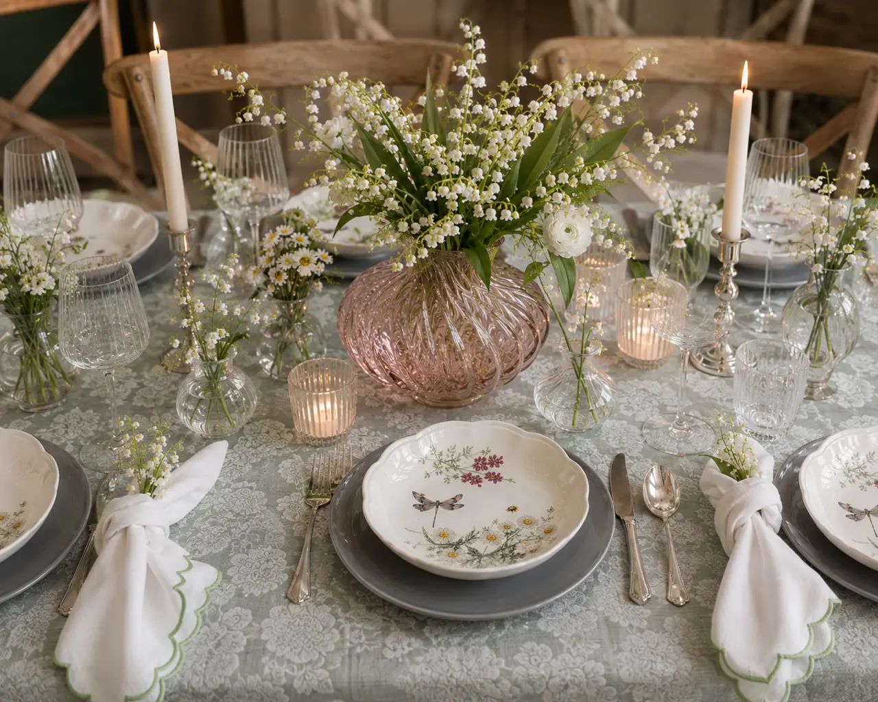 Soft lily of the valley floral styling for a Wellington private dinner